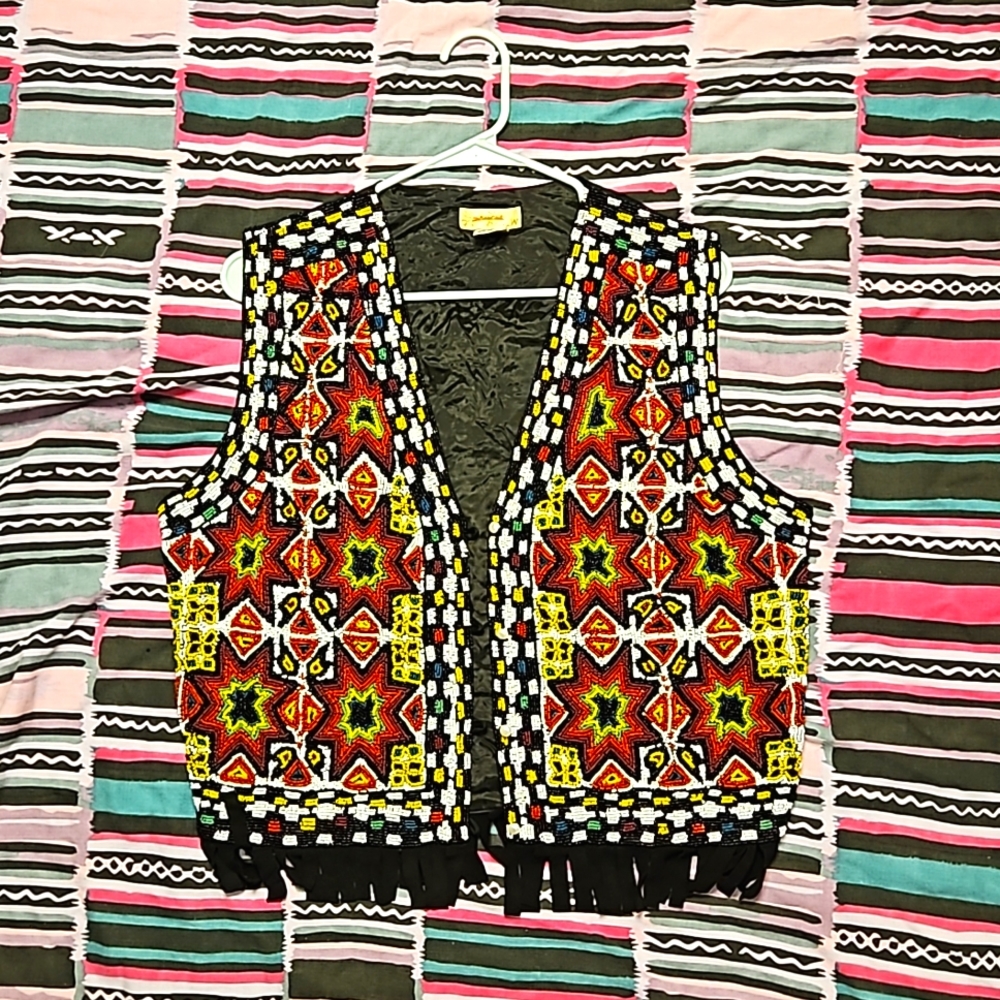 Vintage 90s Designer Hand Beaded Silk Vest with Suede Fringe Sz. M
